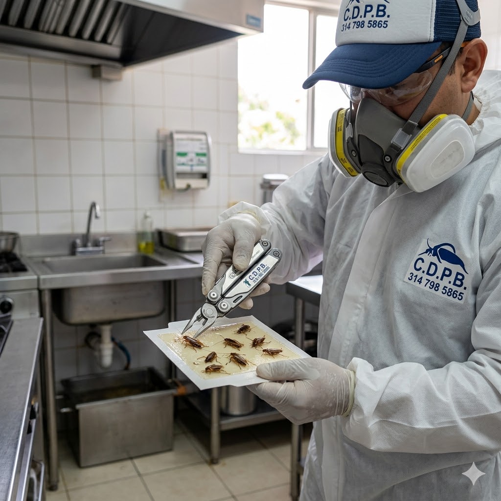 Técnico fumigacion con guantes y mascarilla examina insectos en una lámina dentro de laboratorio de cocina.